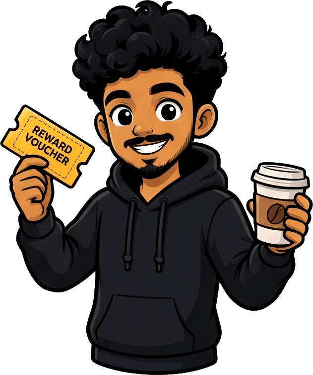 Gold, the WinAPerk mascot, holding a reward voucher and a coffee